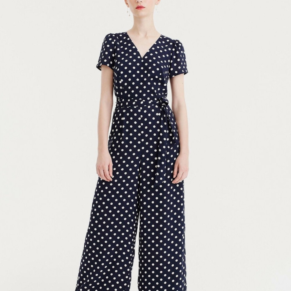J. Crew Navy and White Polka Dot Jumpsuit